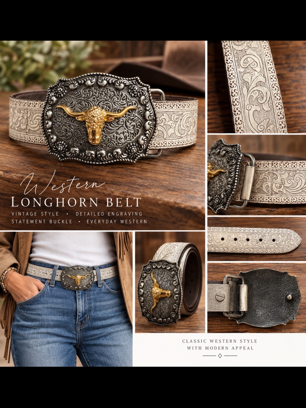 Western Longhorn Belt Silver Gold Floral Embossed Cowgirl Rodeo 29-32